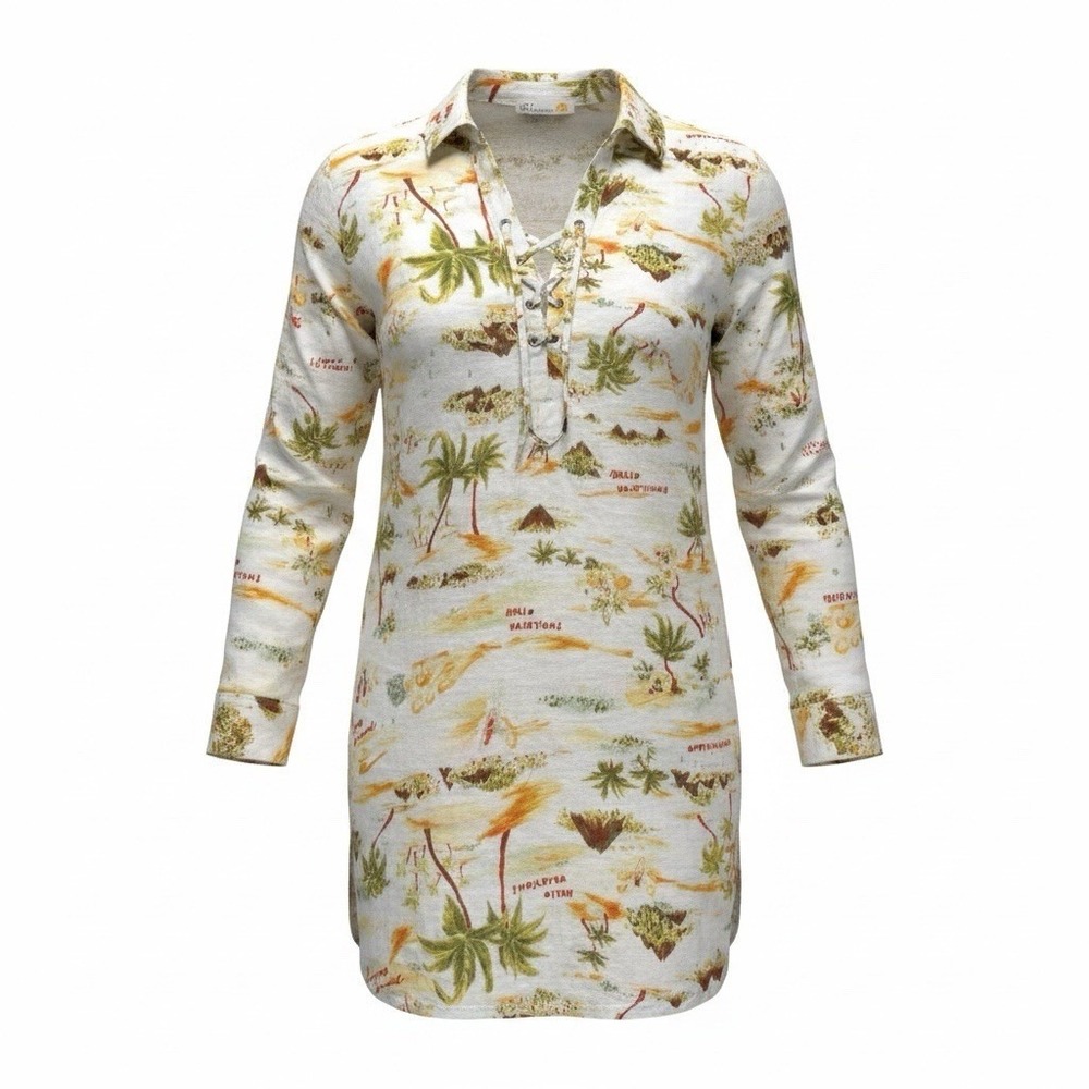C&C California Linen Blend Tropical Palm Tree Lace Up Shirt Dress Cream Size S